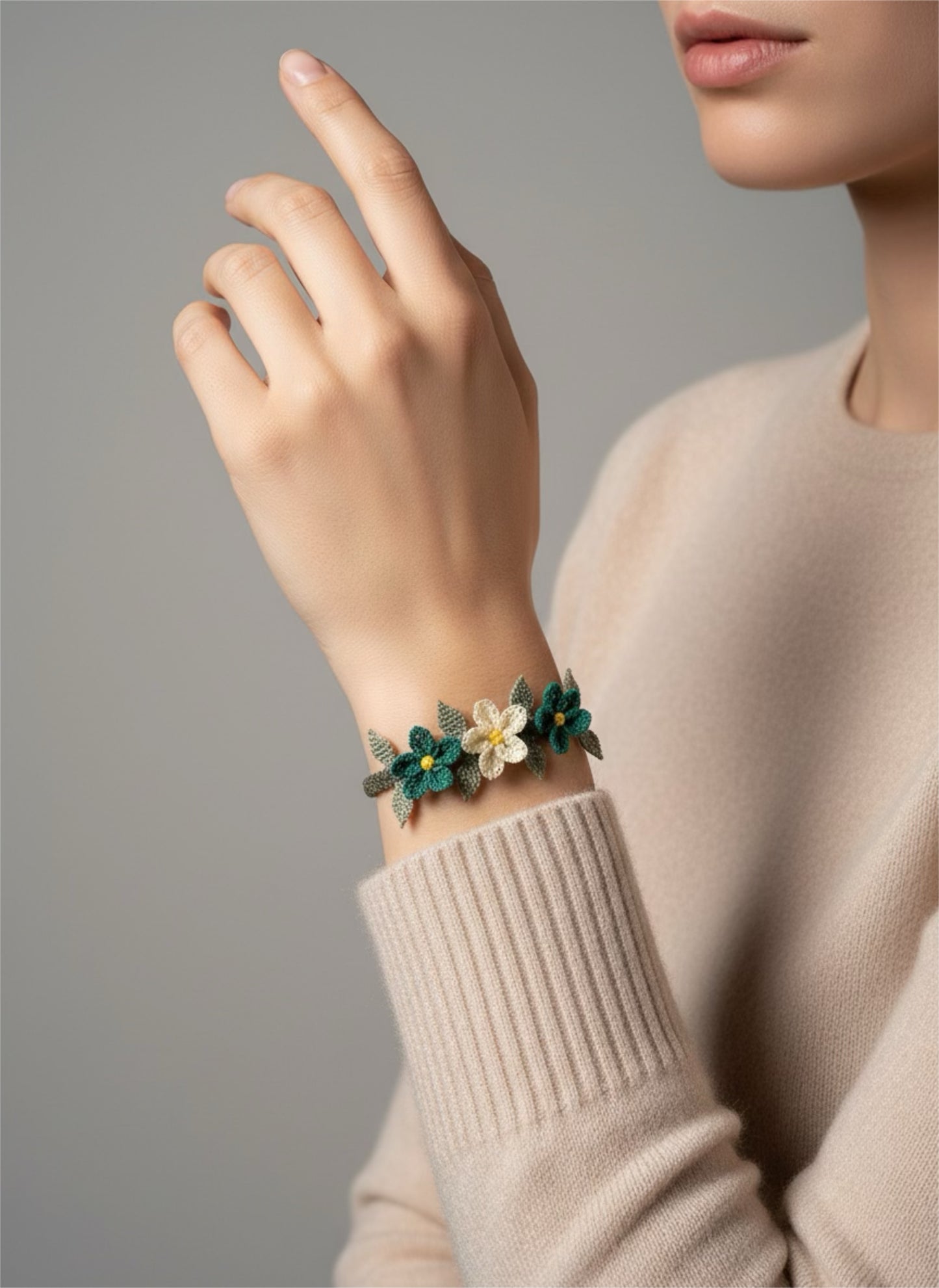 Üç Çiçek Bileklik- Yeşil Beyaz