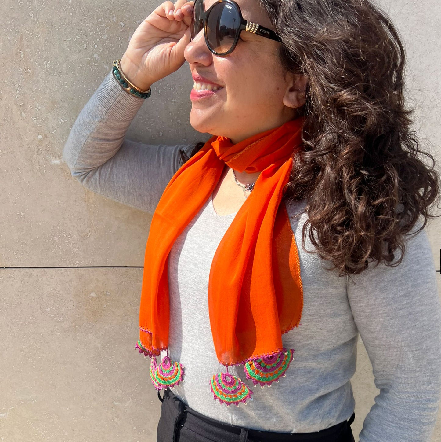 Turuncu Efe Oyalı Pamuk Şal