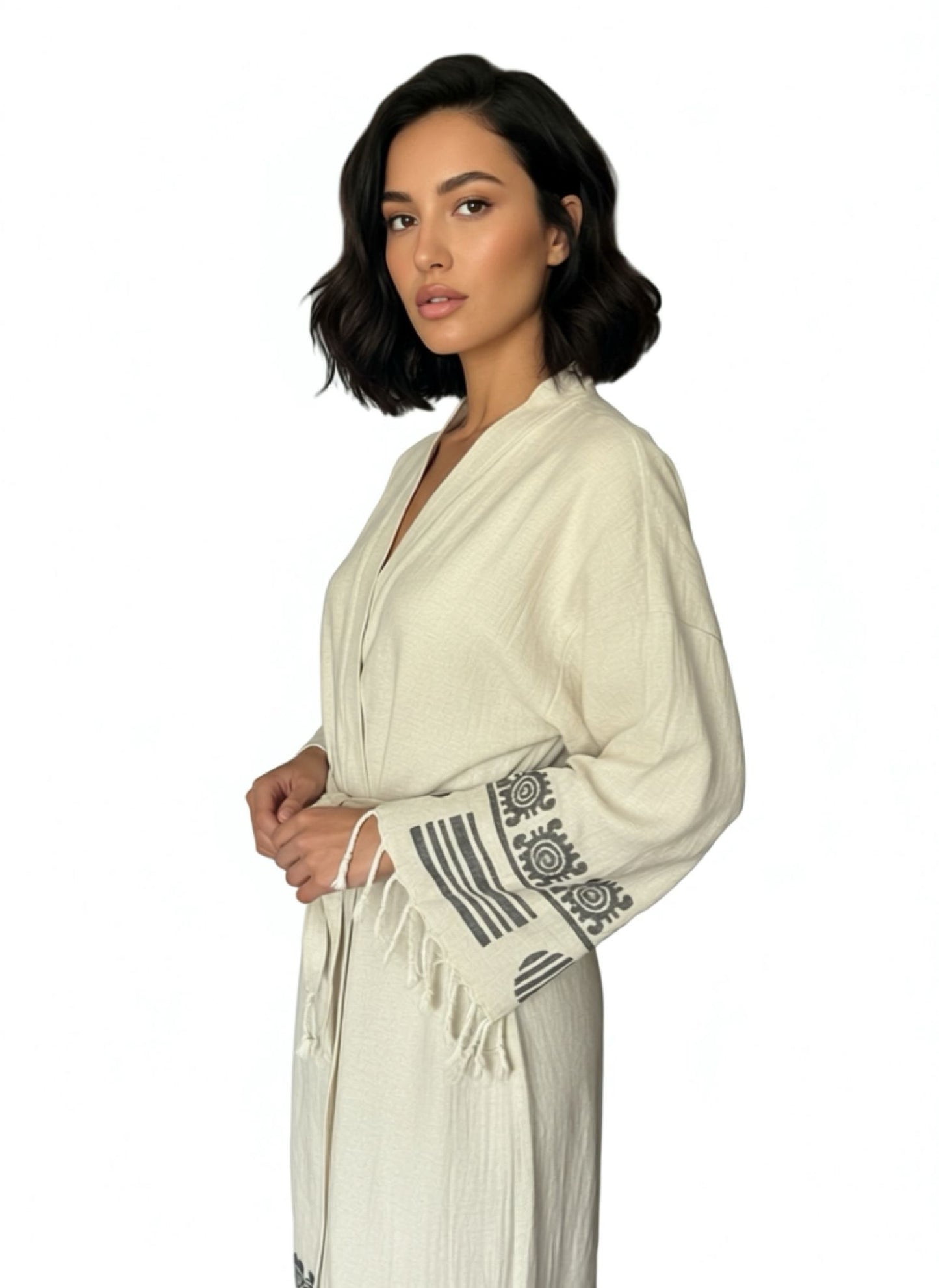 Ekru Keten Pamuk Plaj Bornozu – 130 cm Uzunluk, Kimono Stil ve Doğal Doku
