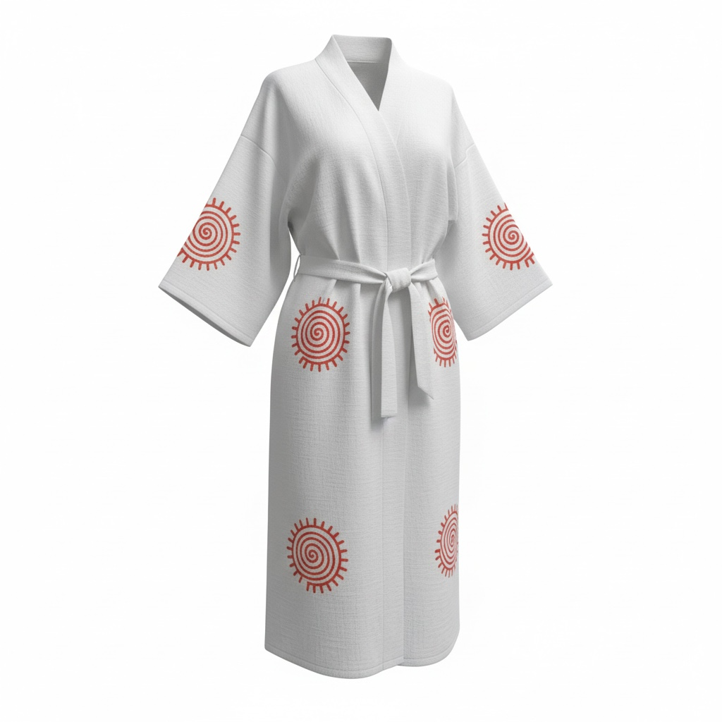 Turuncu Güneş Tahta Baskılı Beyaz Pamuklu Plaj Bornozu – 125 cm, Kimono Stil