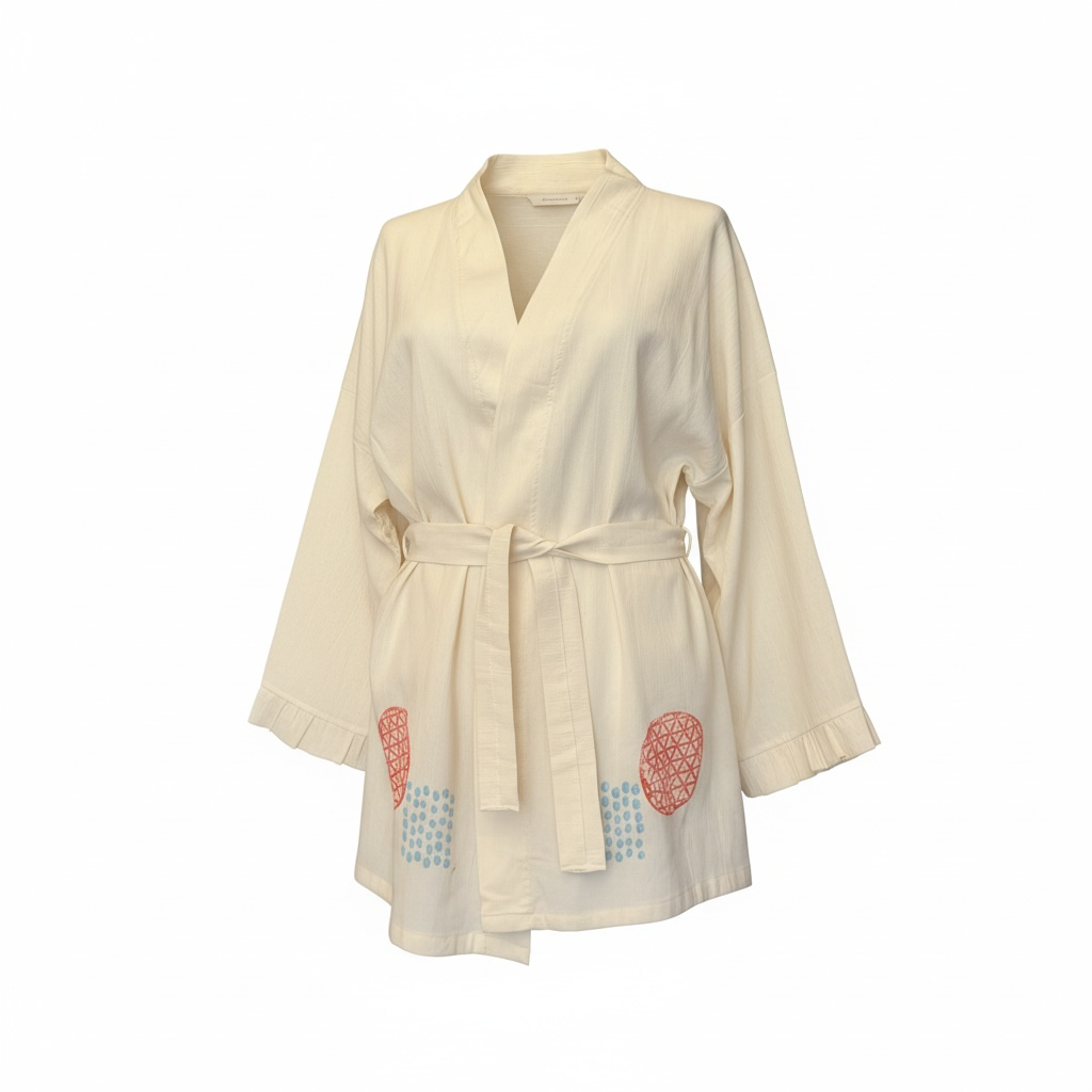 Tahta Baskılı Kısa Pamuklu Kimono