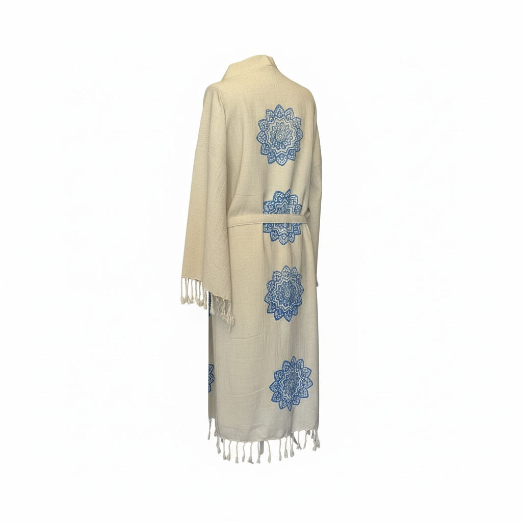 Ekru Keten Pamuk Plaj Bornozu – 130 cm Uzunluk, Kimono Stil ve Doğal Dokuma