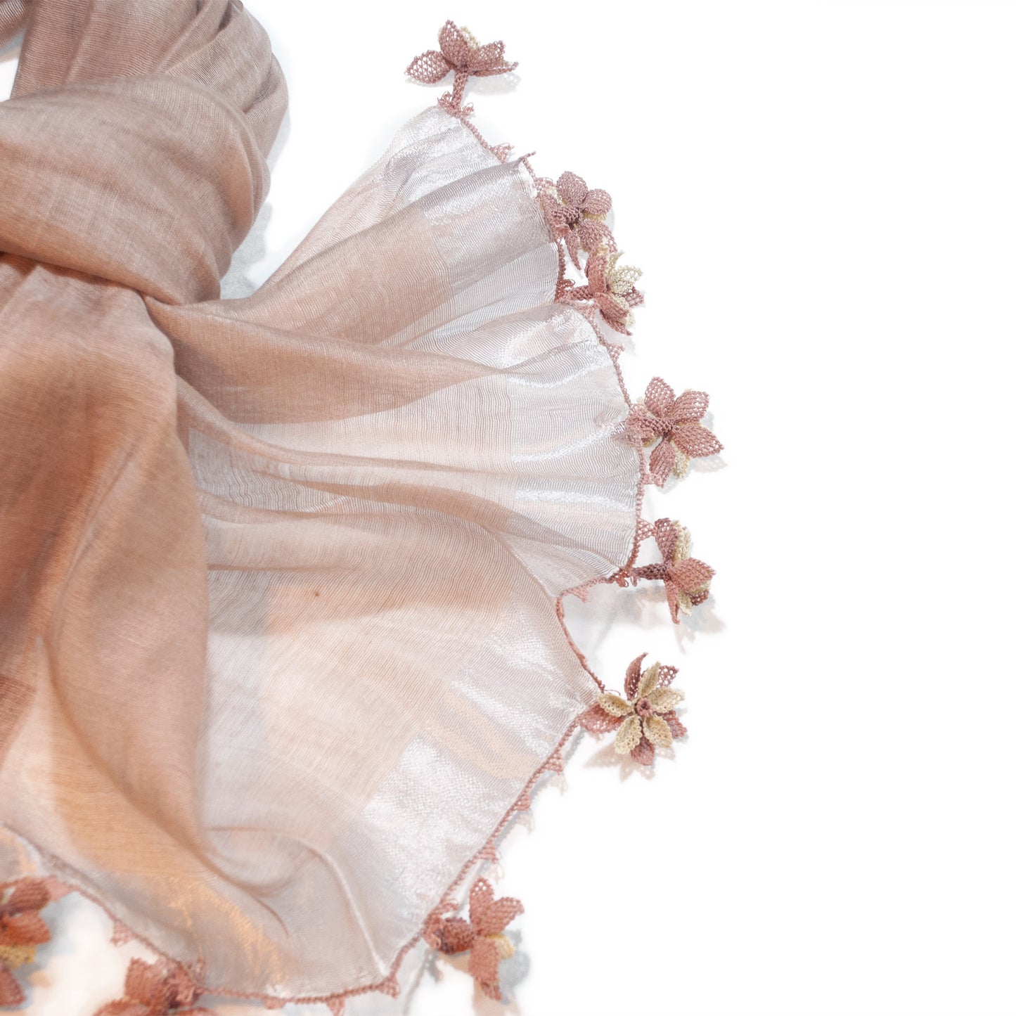 Çiçek Oyalı Pudra Rengi İpek Fular