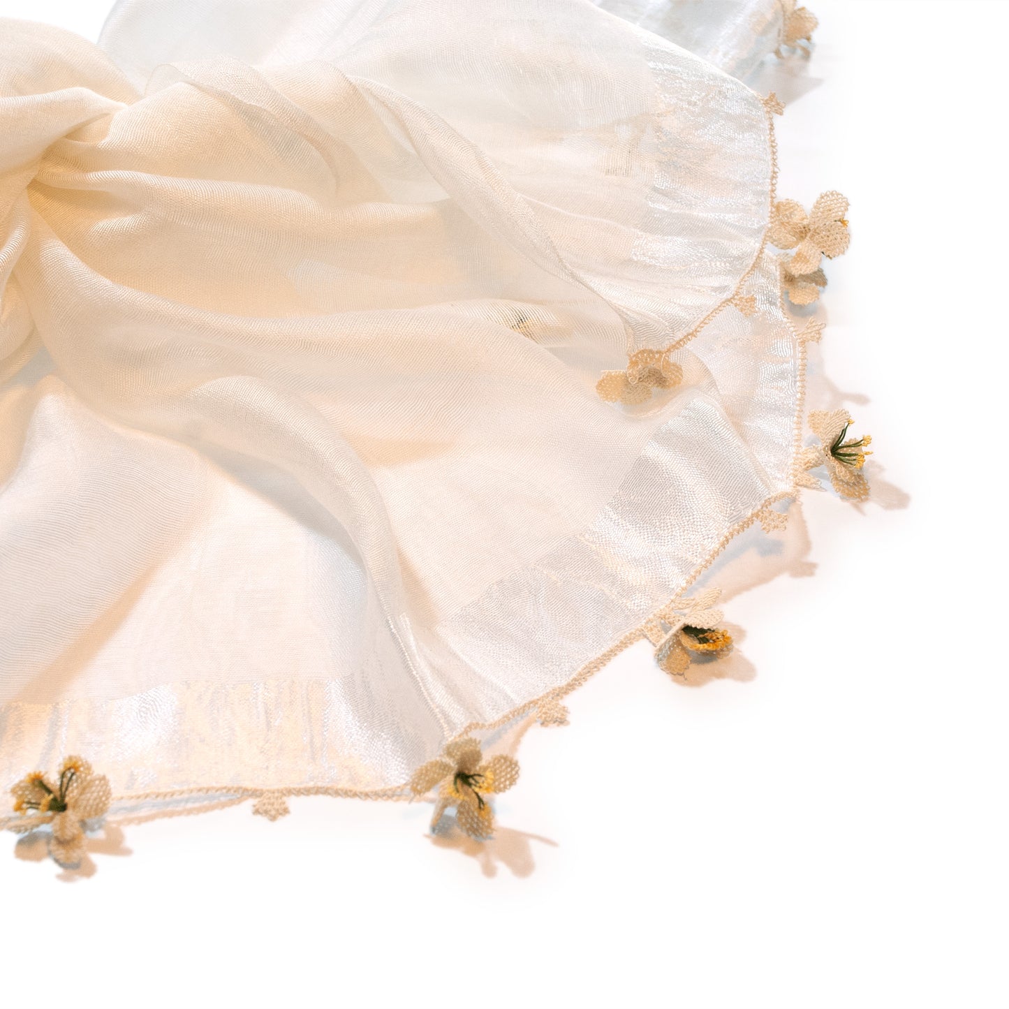 Çiçek Oyalı Beyaz İpek Fular