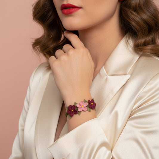 Üç Çiçek Bileklik- Bordo Pembe