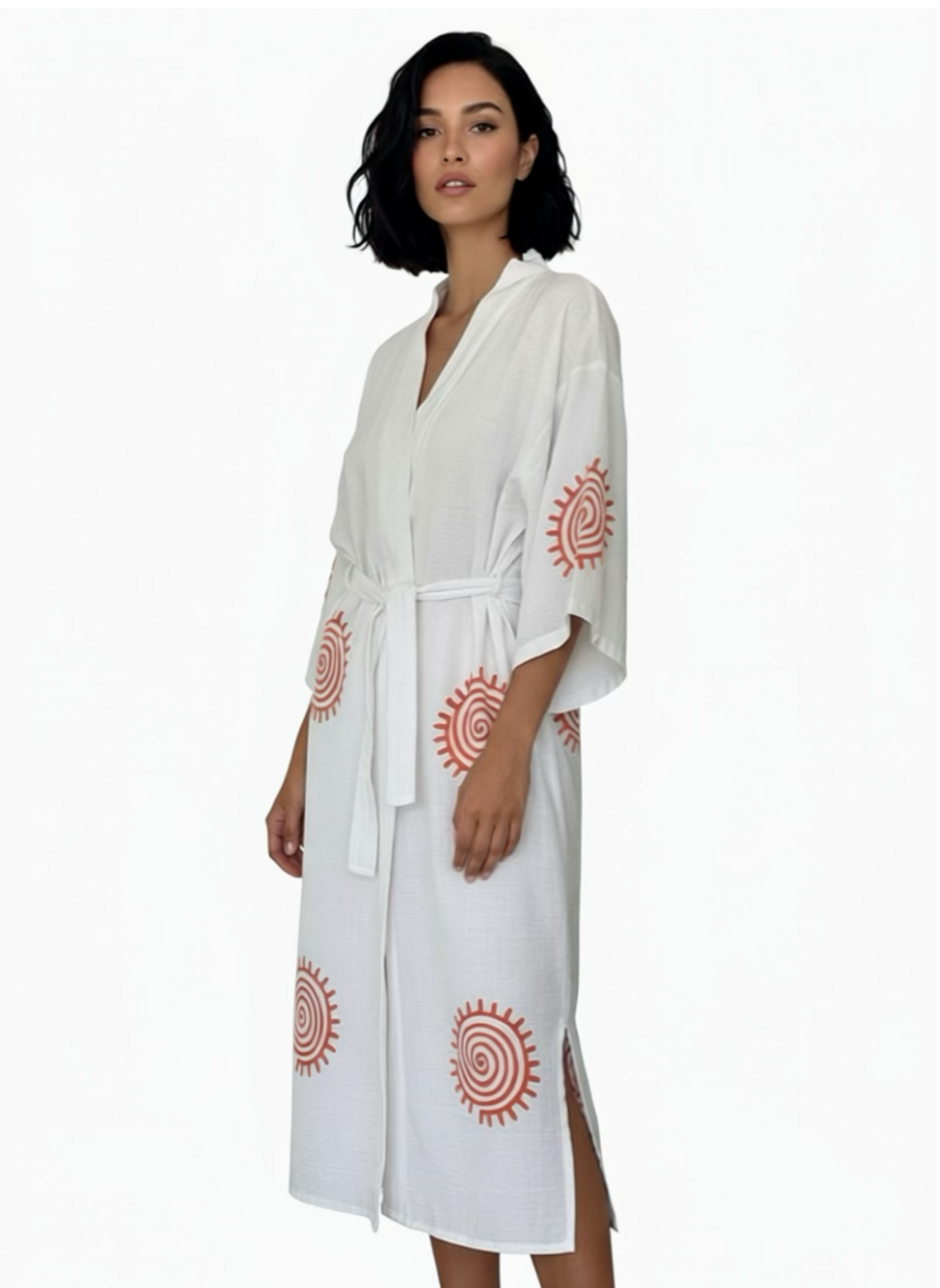 Turuncu Güneş Tahta Baskılı Beyaz Pamuklu Plaj Bornozu – 125 cm, Kimono Stil