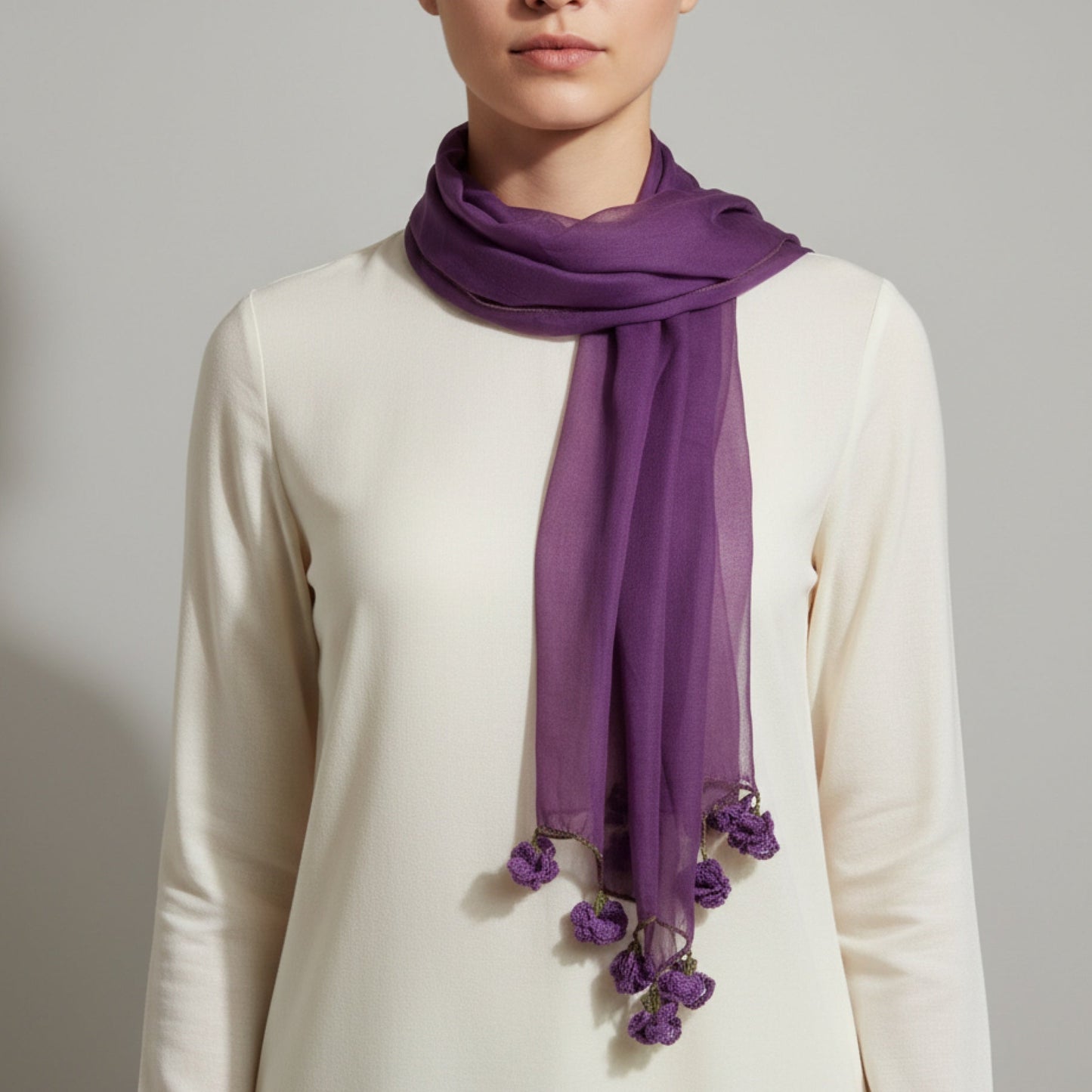 Mor Pamuklu Karanfil Oyalı Fular