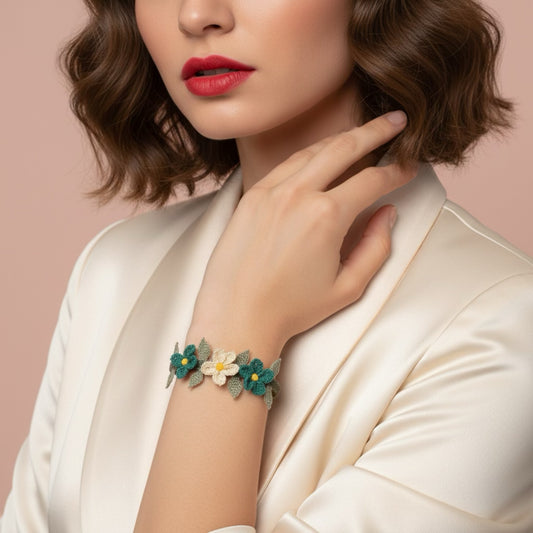 Üç Çiçek Bileklik- Yeşil Beyaz