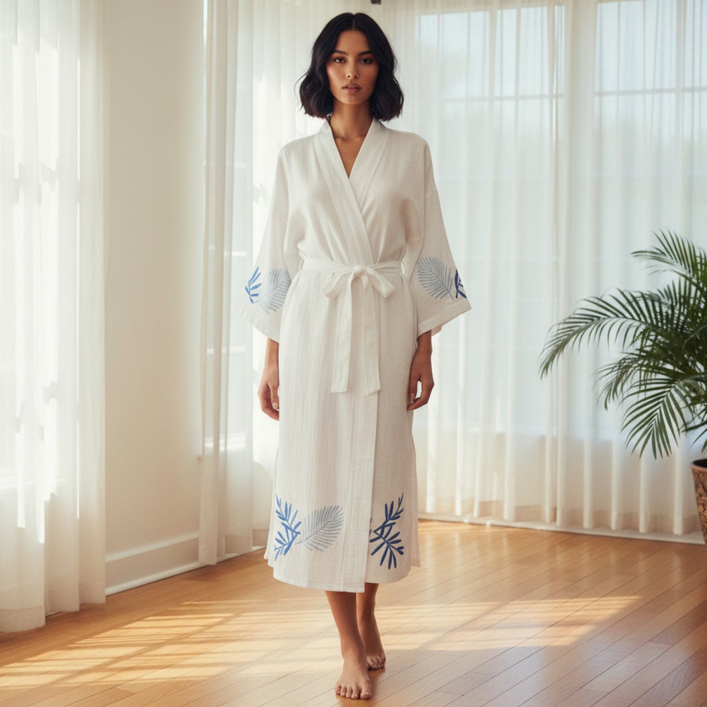 Mavi Yaprak Tahta Baskılı Beyaz Pamuklu Plaj Bornozu – 125 cm, Kimono Stil