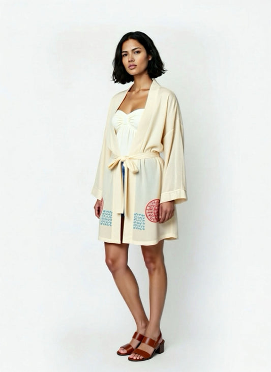 Tahta Baskılı Kısa Pamuklu Kimono