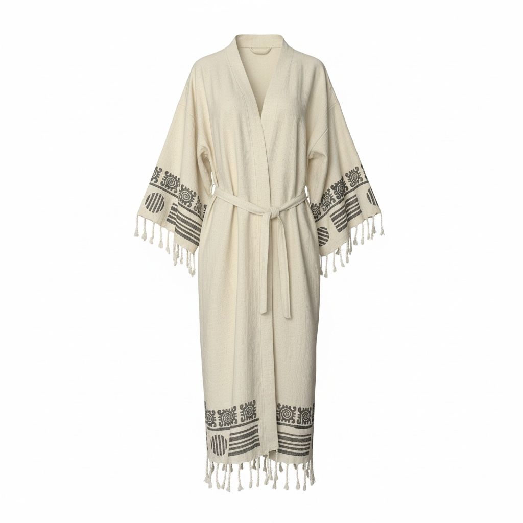 Ekru Keten Pamuk Plaj Bornozu – 130 cm Uzunluk, Kimono Stil ve Doğal Doku