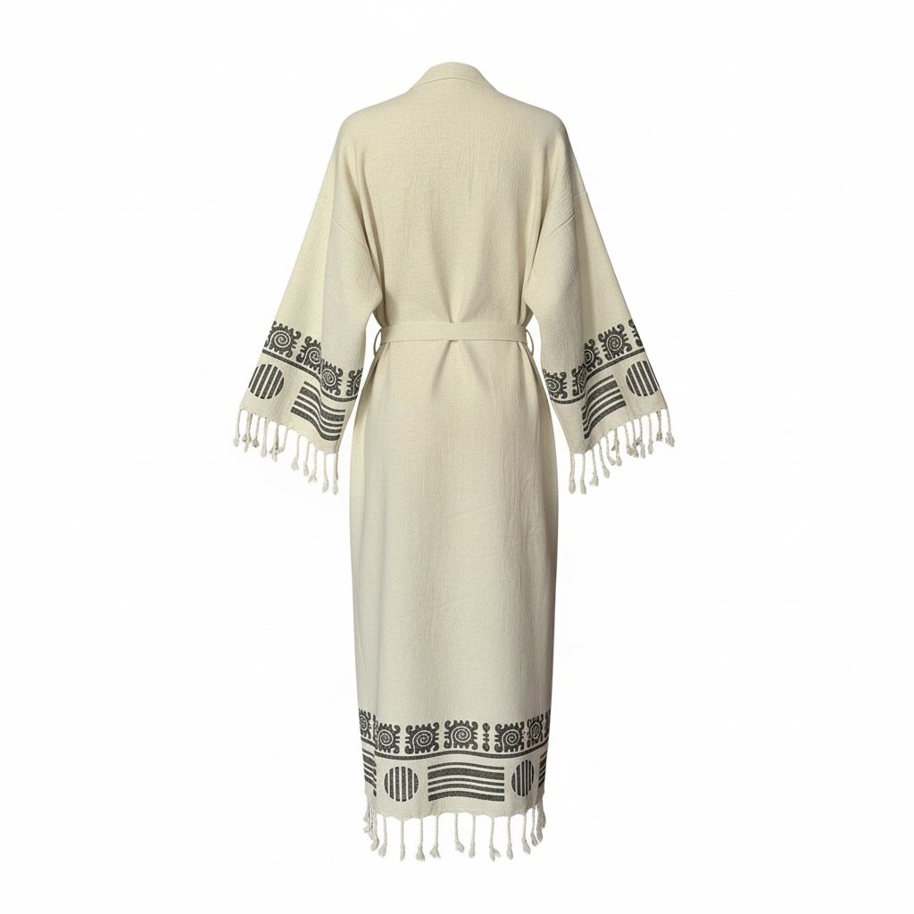 Ekru Keten Pamuk Plaj Bornozu – 130 cm Uzunluk, Kimono Stil ve Doğal Doku