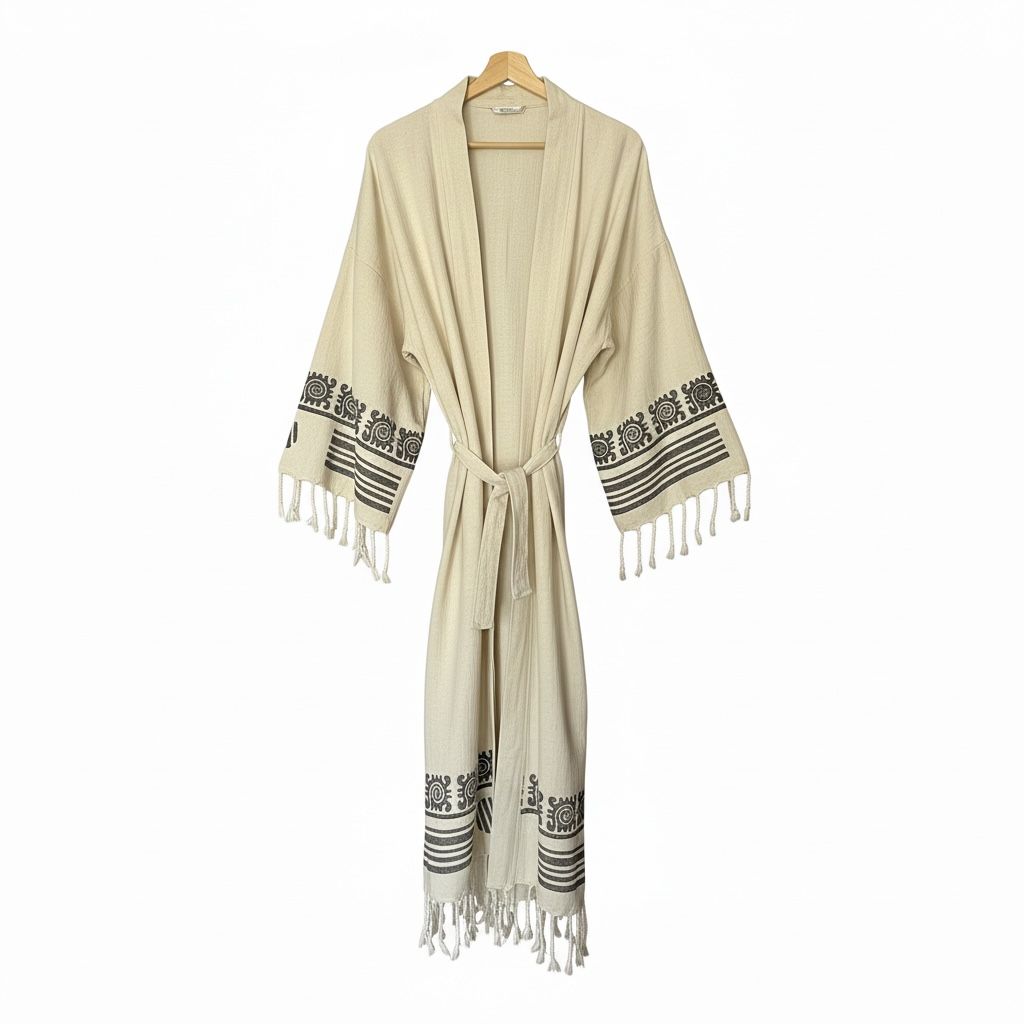 Ekru Keten Pamuk Plaj Bornozu – 130 cm Uzunluk, Kimono Stil ve Doğal Doku