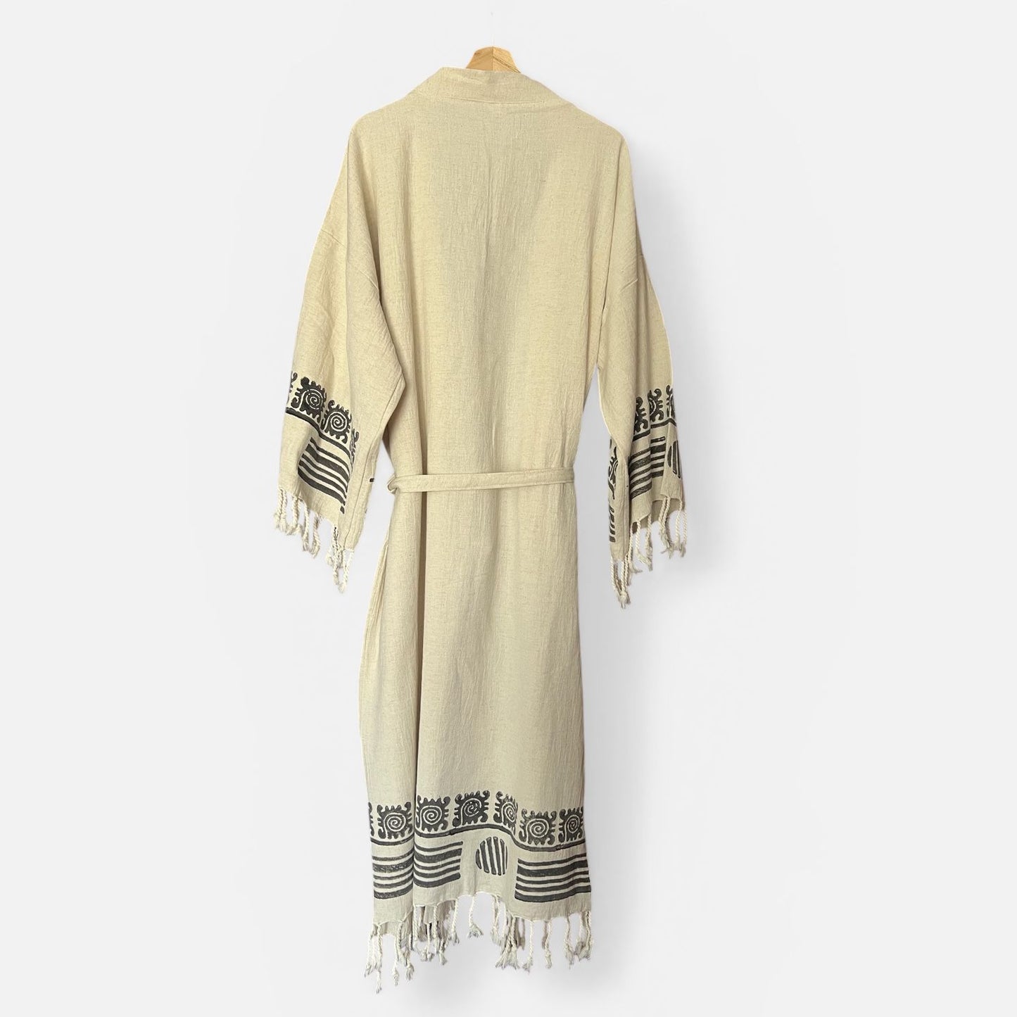 Ekru Keten Pamuk Plaj Bornozu – 130 cm Uzunluk, Kimono Stil ve Doğal Doku