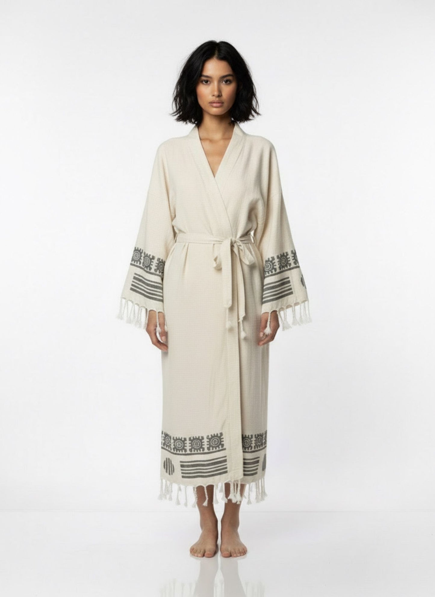 Ekru Keten Pamuk Plaj Bornozu – 130 cm Uzunluk, Kimono Stil ve Doğal Doku