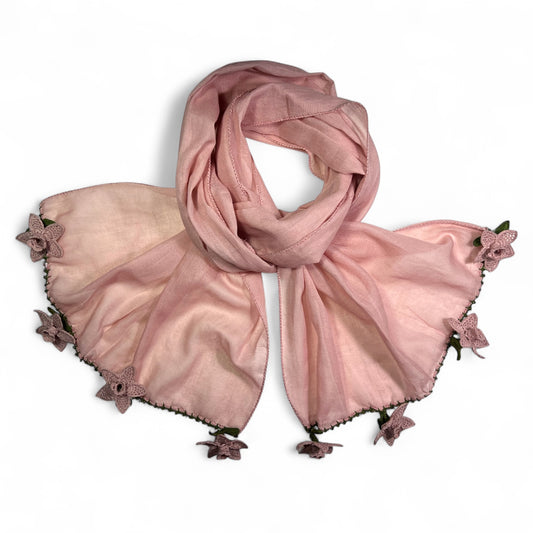 Pembe Pamuklu İri Çiçek Oyalı Fular