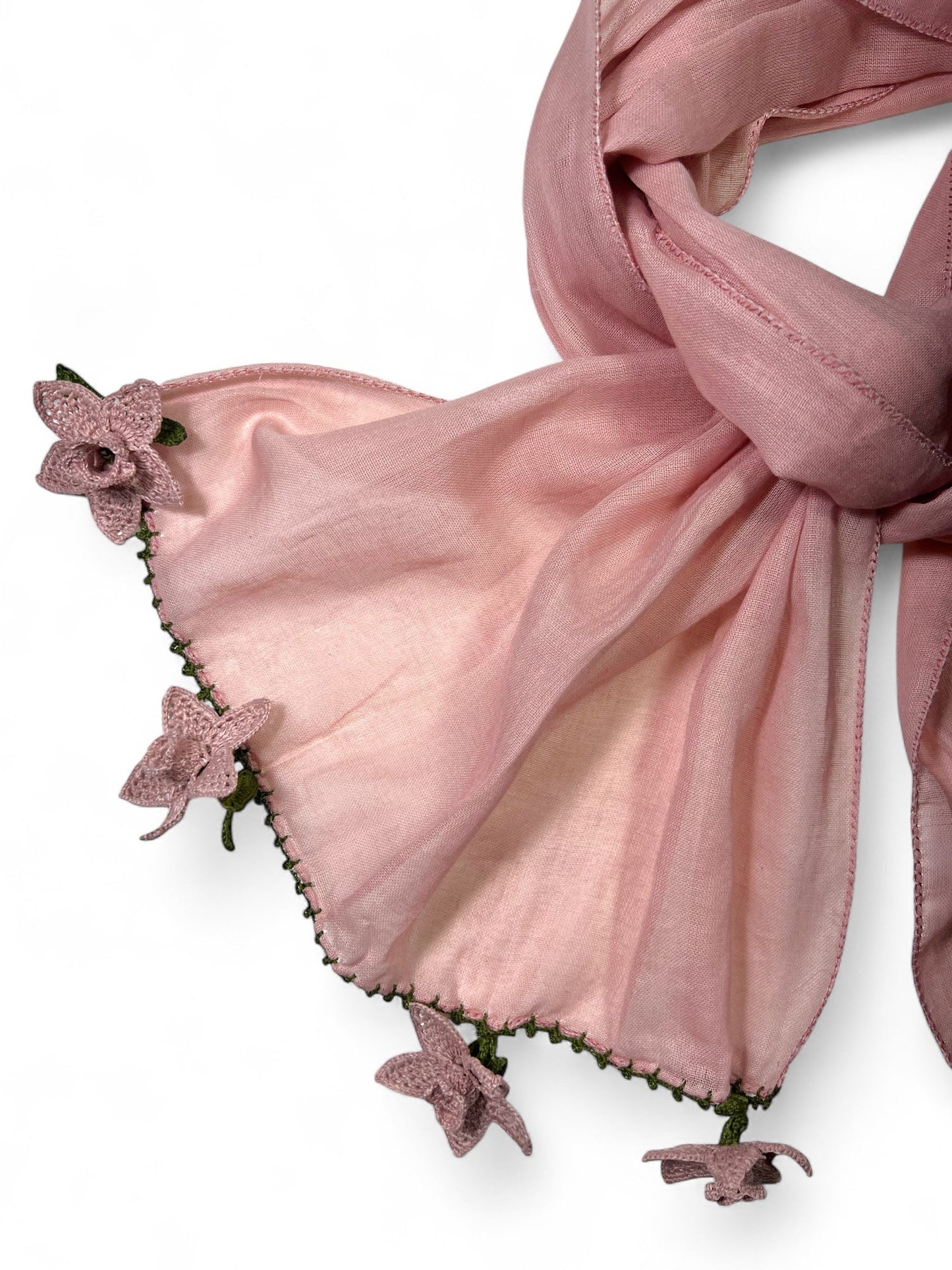 Pembe Pamuklu İri Çiçek Oyalı Fular