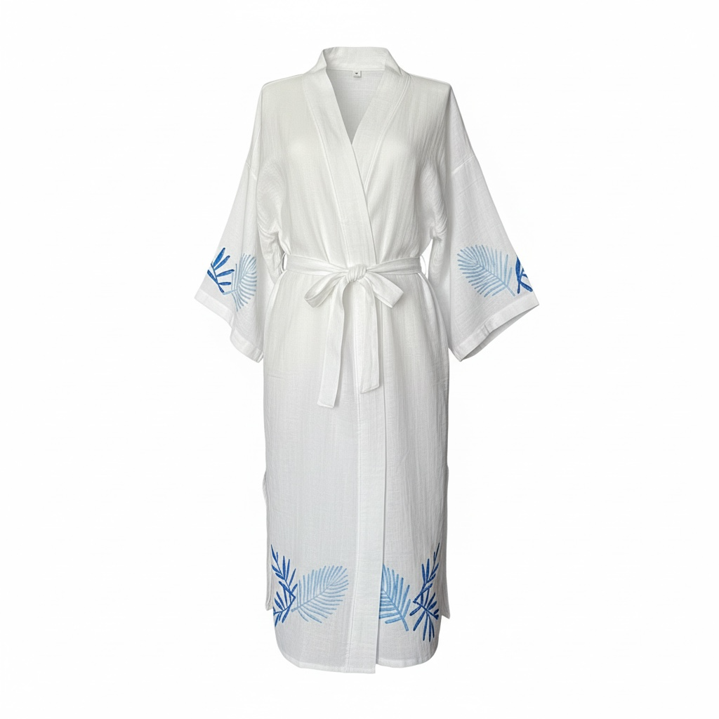 Mavi Yaprak Tahta Baskılı Beyaz Pamuklu Plaj Bornozu – 125 cm, Kimono Stil