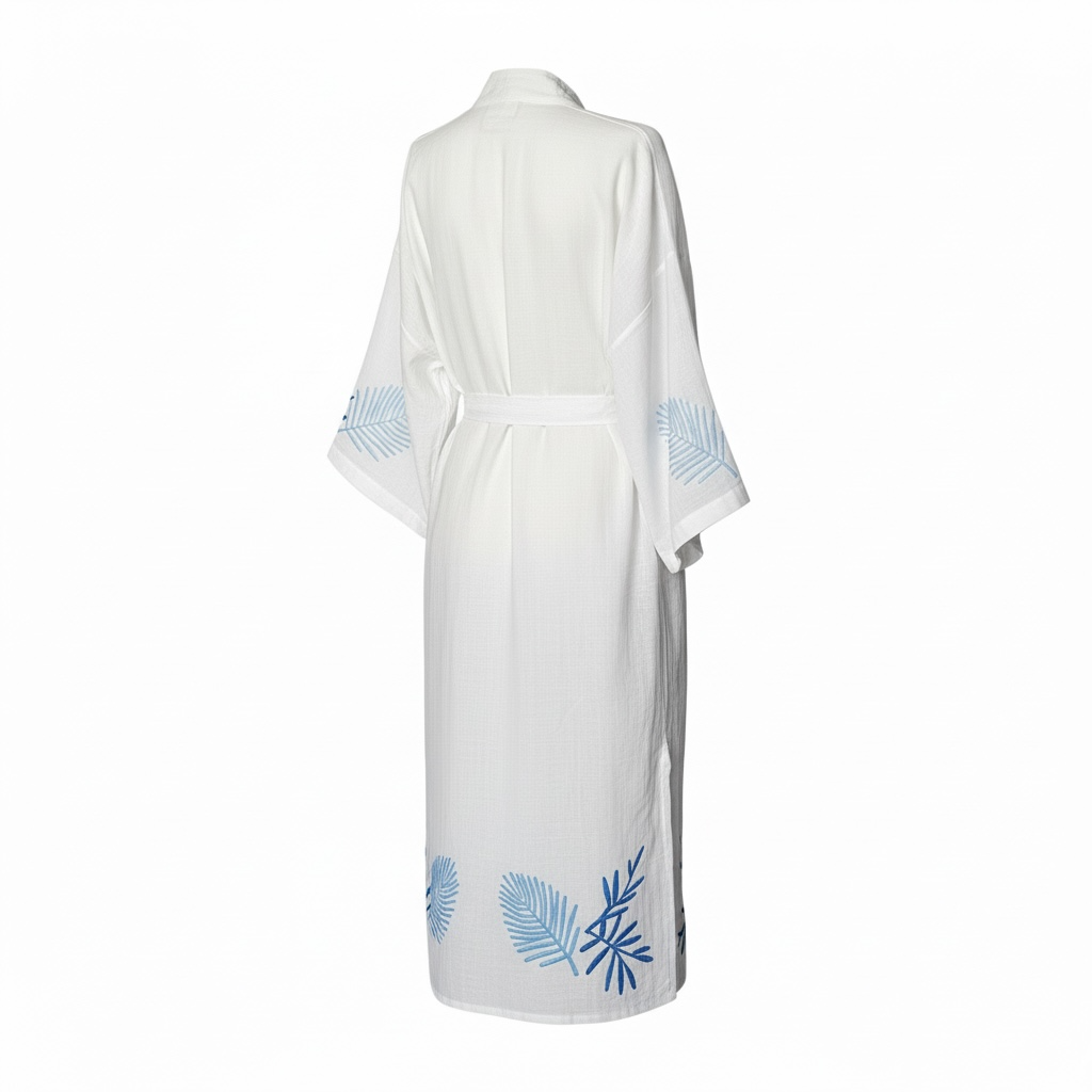 Mavi Yaprak Tahta Baskılı Beyaz Pamuklu Plaj Bornozu – 125 cm, Kimono Stil
