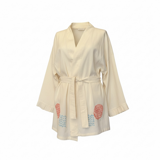 Tahta Baskılı Kısa Pamuklu Kimono