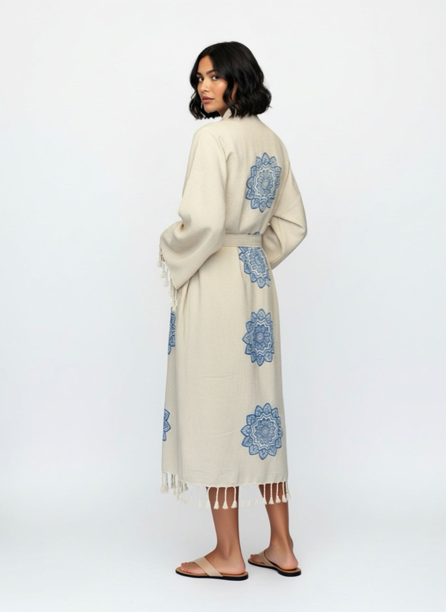 Ekru Keten Pamuk Plaj Bornozu – 130 cm Uzunluk, Kimono Stil ve Doğal Dokuma