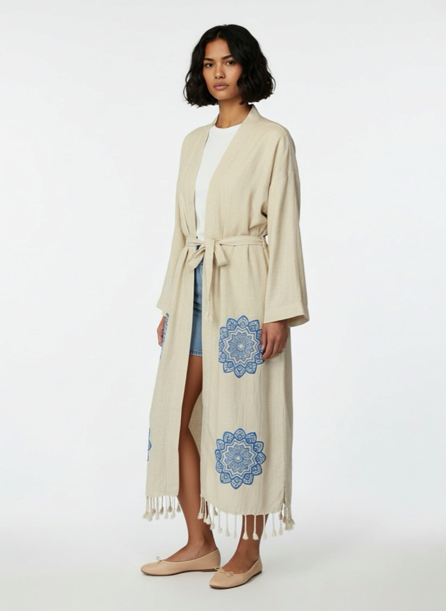 Ekru Keten Pamuk Plaj Bornozu – 130 cm Uzunluk, Kimono Stil ve Doğal Dokuma