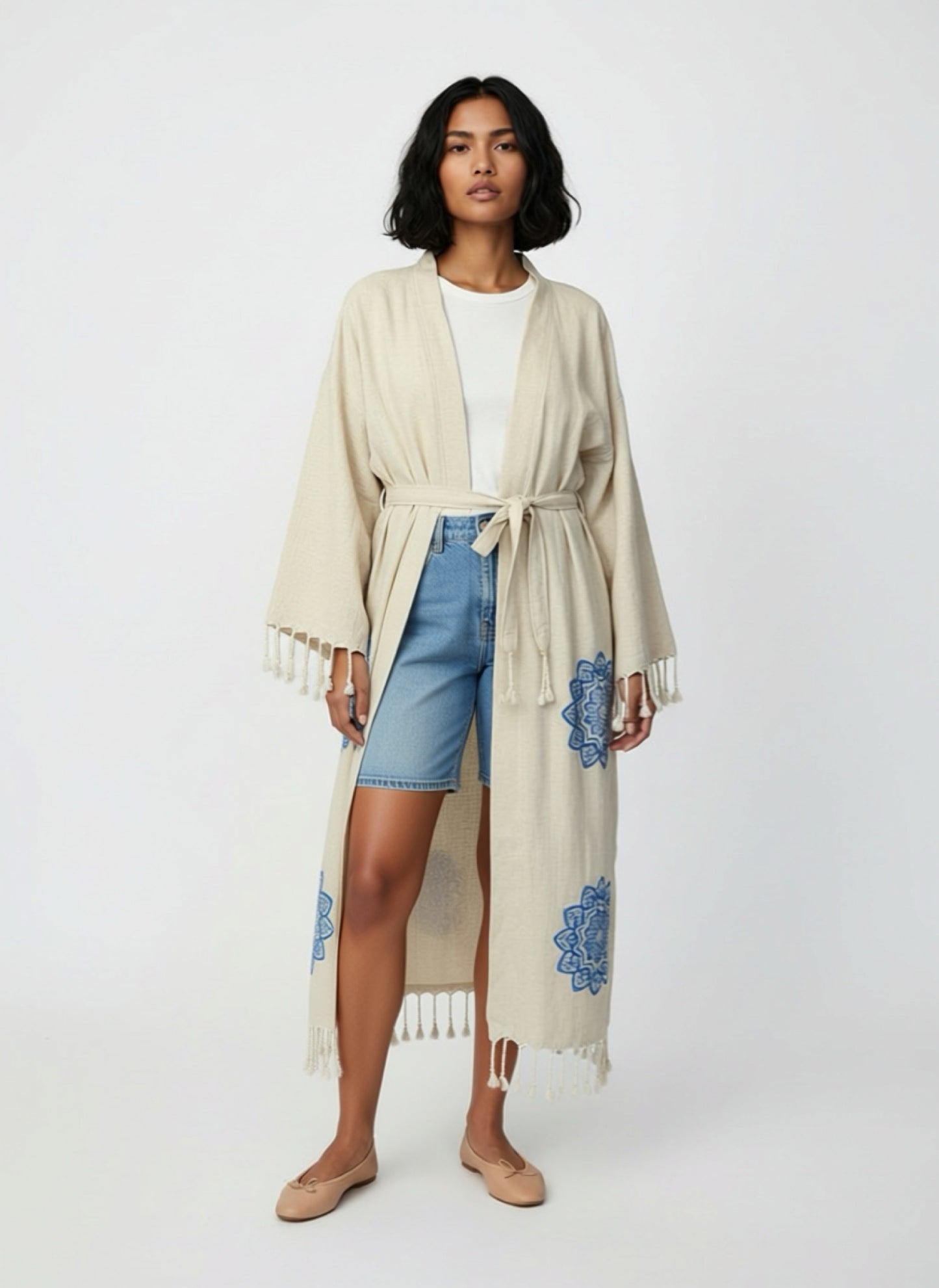 Ekru Keten Pamuk Plaj Bornozu – 130 cm Uzunluk, Kimono Stil ve Doğal Dokuma