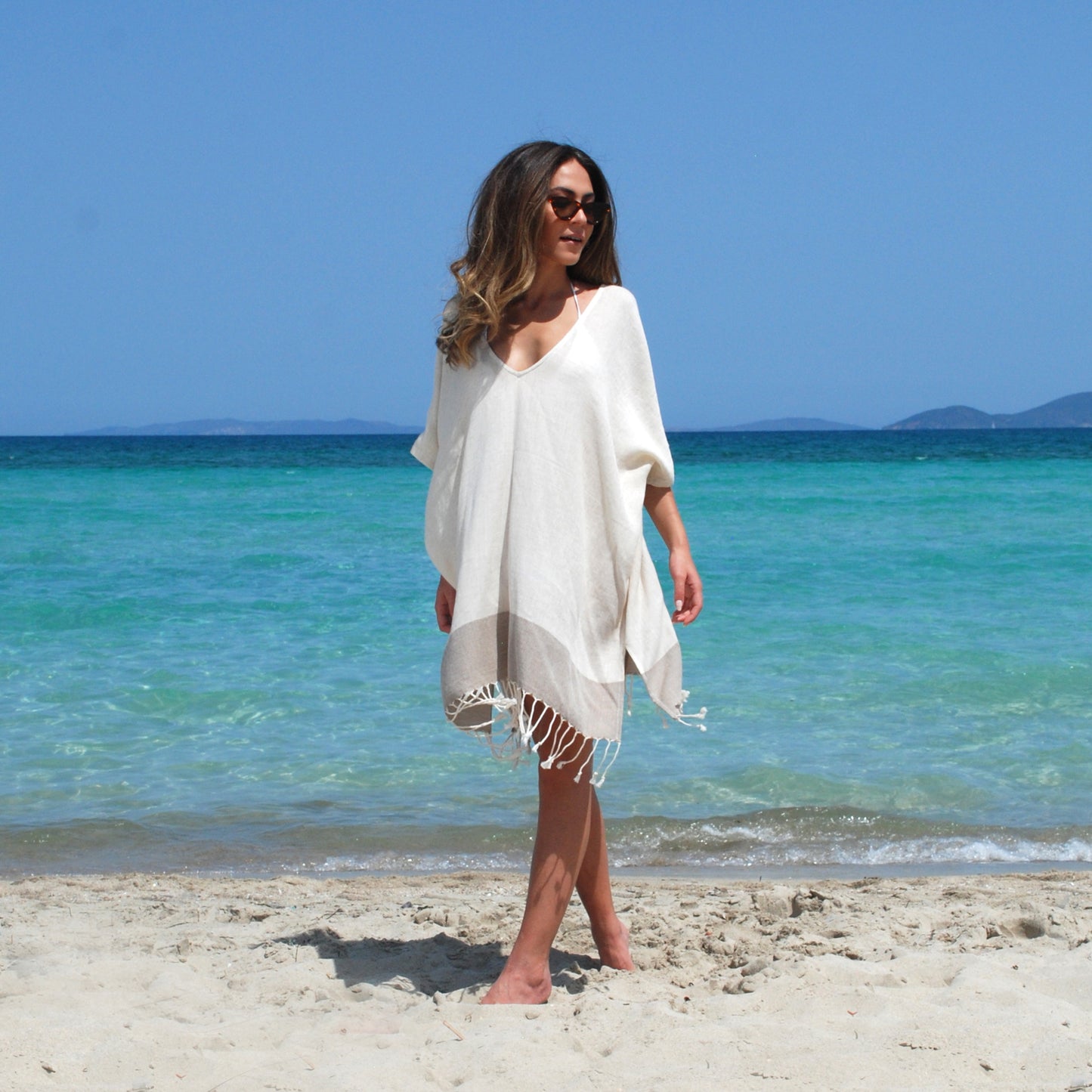 Derin V Yakalı Keten Kaftan Bluz