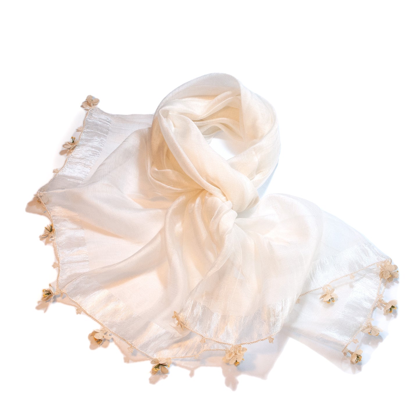 Çiçek Oyalı Beyaz İpek Fular