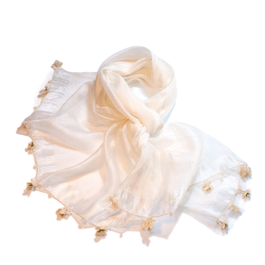 Çiçek Oyalı Beyaz İpek Fular